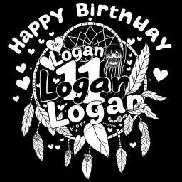 A whimsical black and white birthday design featuring the phrase "Happy Birthday Logan" with the name 'Logan' in large, cute, playful letters