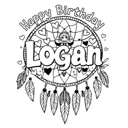 A whimsical black and white birthday design featuring the phrase "Happy Birthday Logan" with the name 'Logan' in large, cute, playful letters