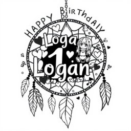 A whimsical black and white birthday design featuring the phrase "Happy Birthday Logan" with the name 'Logan' in large, cute, playful letters