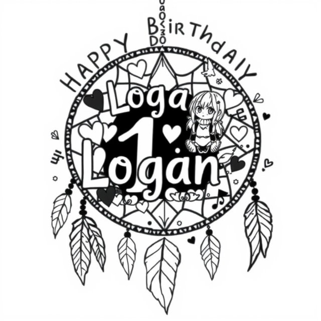 A whimsical black and white birthday design featuring the phrase "Happy Birthday Logan" with the name 'Logan' in large, cute, playful letters