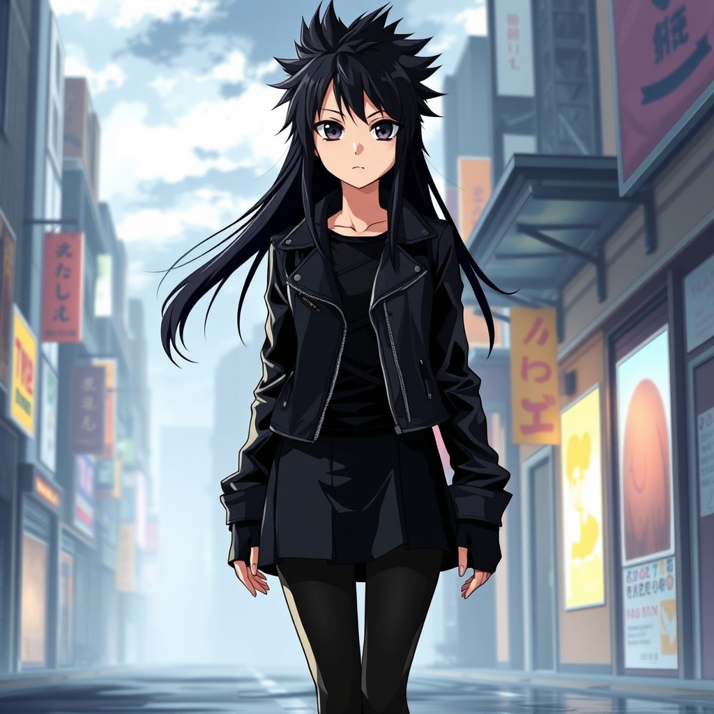 A full body illustration of an anime young woman with long dark spiky hair and onyx eyes, gazing with a serious and aloof expression