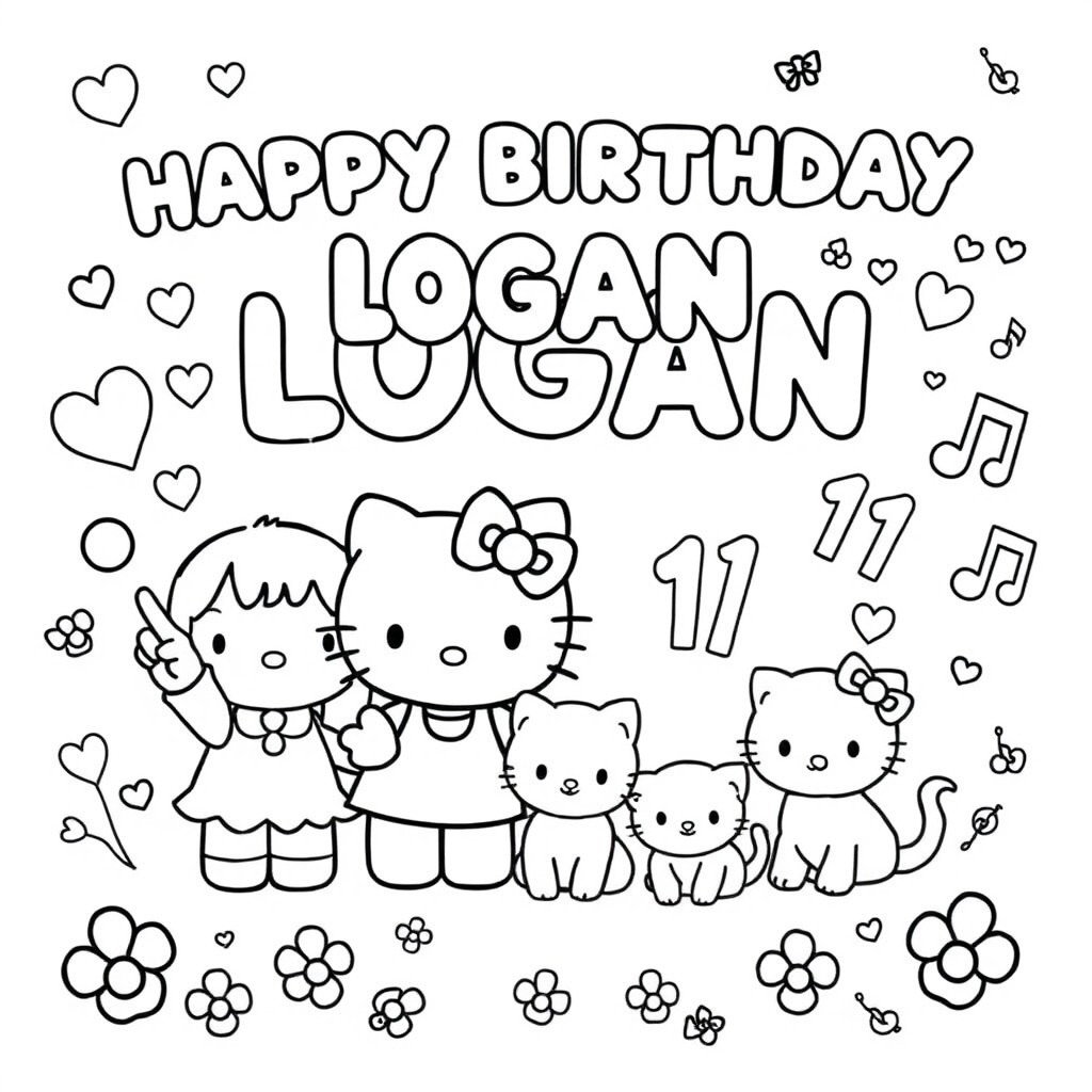 A cheerful birthday-themed coloring page featuring the phrase 'HAPPY BIRTHDAY LOGAN' in bold letters