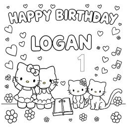 A cheerful birthday-themed coloring page featuring the phrase 'HAPPY BIRTHDAY LOGAN' in bold letters