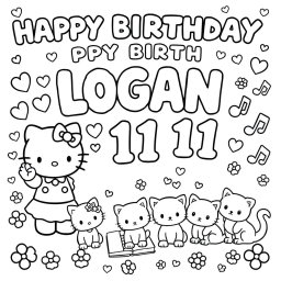 A cheerful birthday-themed coloring page featuring the phrase 'HAPPY BIRTHDAY LOGAN' in bold letters
