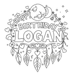 A whimsical adult coloring page designed for 'HAPPY BIRTHDAY LOGAN', featuring the phrase in decorative font