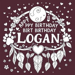 A whimsical adult coloring page designed for 'HAPPY BIRTHDAY LOGAN', featuring the phrase in decorative font