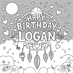 A whimsical adult coloring page designed for 'HAPPY BIRTHDAY LOGAN', featuring the phrase in decorative font