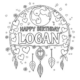 A whimsical adult coloring page designed for 'HAPPY BIRTHDAY LOGAN', featuring the phrase in decorative font