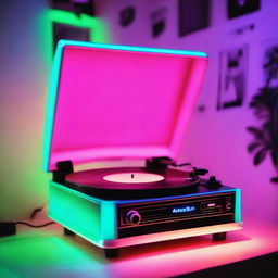 Retro vinyl record player in a room glowing with neon lights