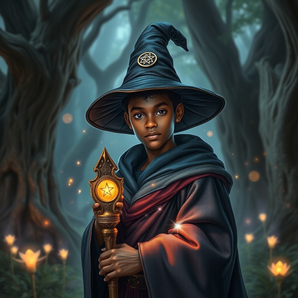 A young black male wizard wearing a distinctive pointy hat
