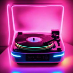 Retro vinyl record player in a room glowing with neon lights