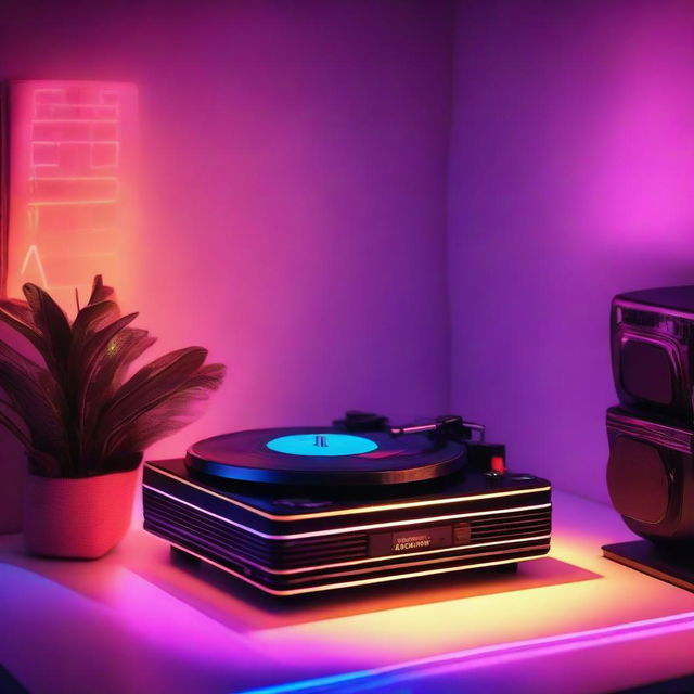 Retro vinyl record player in a room glowing with neon lights