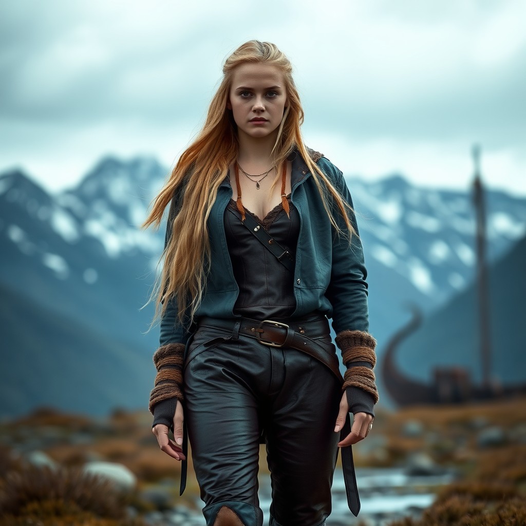 A young Viking woman with long blonde hair, standing tall at 1