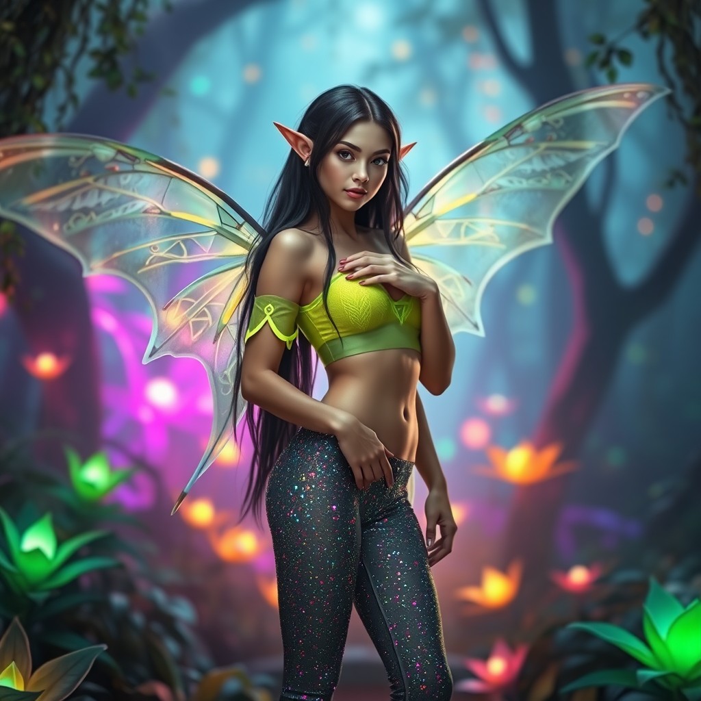 A young elven woman with long black hair and translucent wings, exuding a magical aura