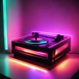 Retro vinyl record player in a room glowing with neon lights