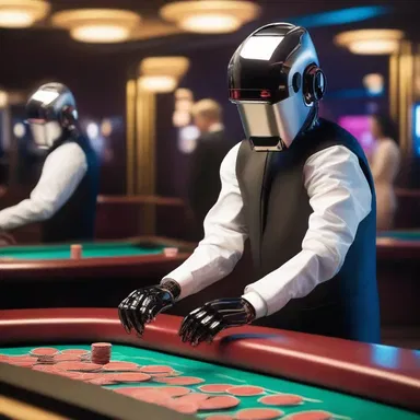 In the futuristic casino, the robotic croupier effortlessly manipulated the croupier's rake to efficiently handle the numerous chips on the table.