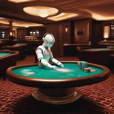 In the futuristic casino, the robotic croupier effortlessly manipulated the croupier's rake to efficiently handle the numerous chips on the table.