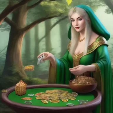 The elven croupier gracefully maneuvered the enchanted croupier's rake, ensuring fair distribution of chips among the players in the enchanted forest casino.