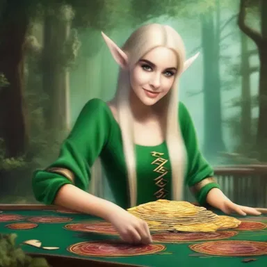 The elven croupier gracefully maneuvered the enchanted croupier's rake, ensuring fair distribution of chips among the players in the enchanted forest casino.