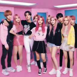 A vibrant scene featuring the K-pop groups BTS and BLACKPINK, interacting and having fun during a backstage gathering.