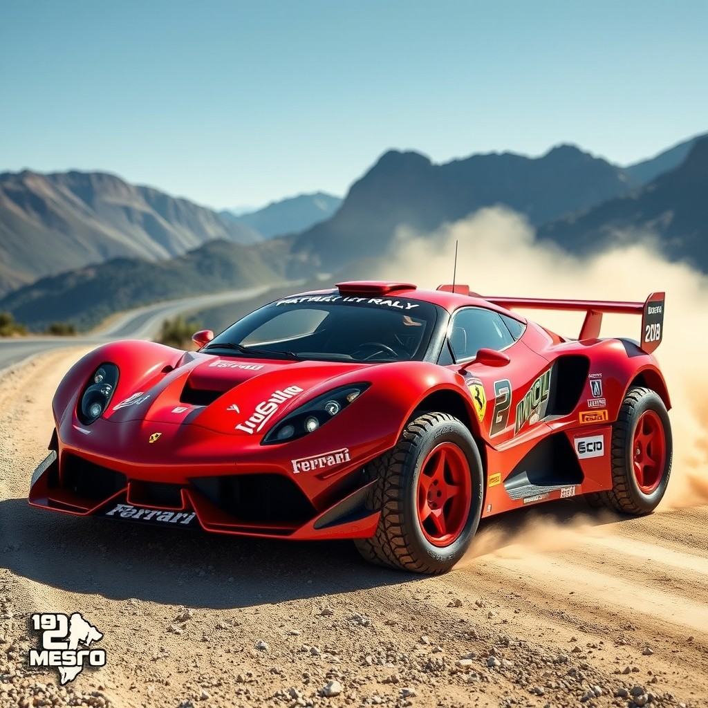 A custom-designed Ferrari built for rally racing, showcasing a sleek, aerodynamic body with aggressive contours and a vibrant red paint job