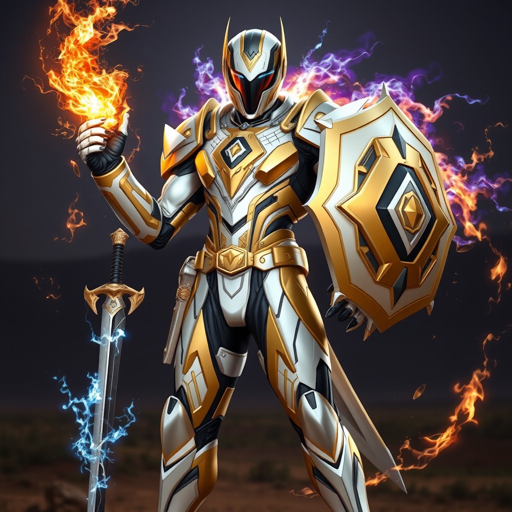 A futuristic superhero suit featuring elemental powers and Holy Spirit abilities, designed with an African theme