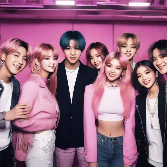 A vibrant scene featuring the K-pop groups BTS and BLACKPINK, interacting and having fun during a backstage gathering.