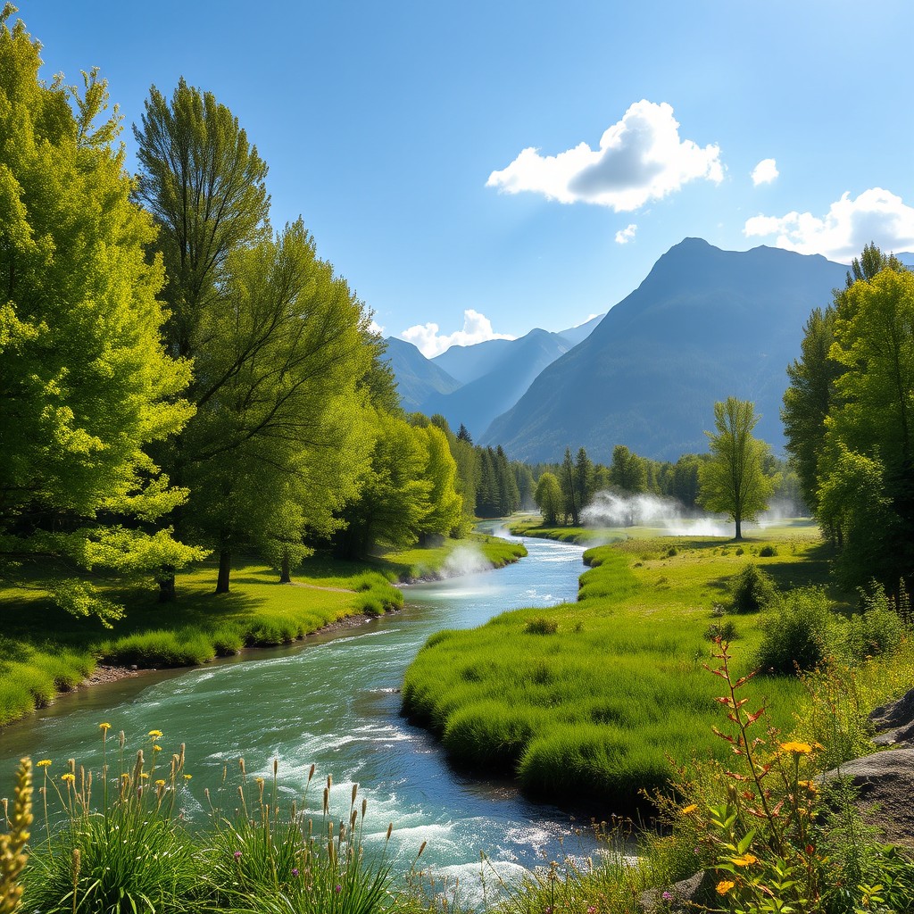 A serene landscape featuring a winding river flowing through a lush, green valley