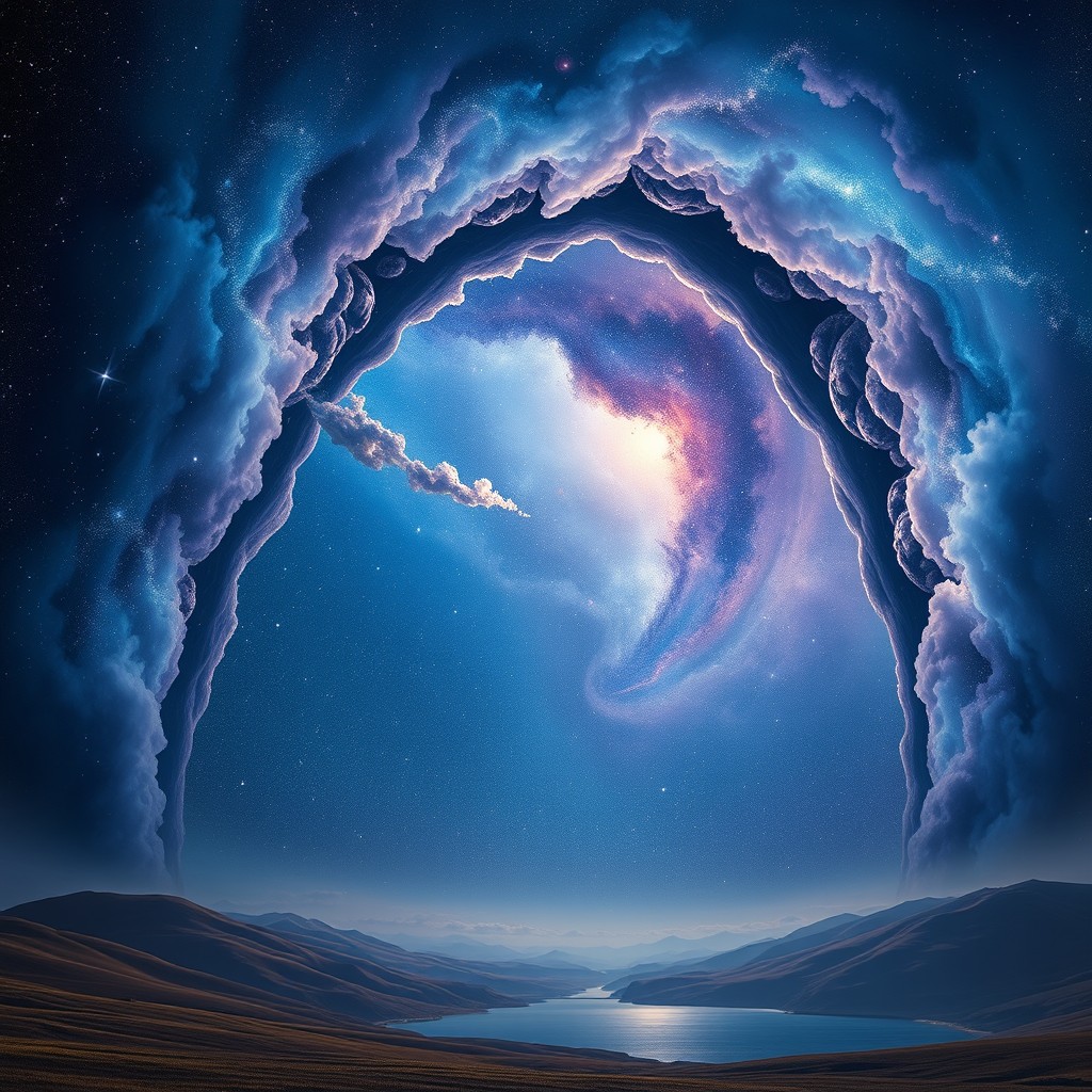 A breathtaking cosmic scene where the heavens arch dramatically, seemingly unsupported by any pillars