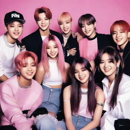 A vibrant scene featuring the K-pop groups BTS and BLACKPINK, interacting and having fun during a backstage gathering.