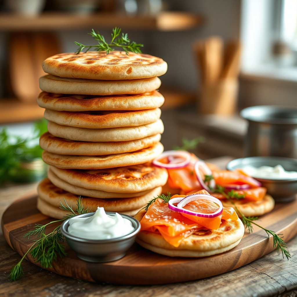 A rustic display of whole wheat blini, stacked on a wooden board