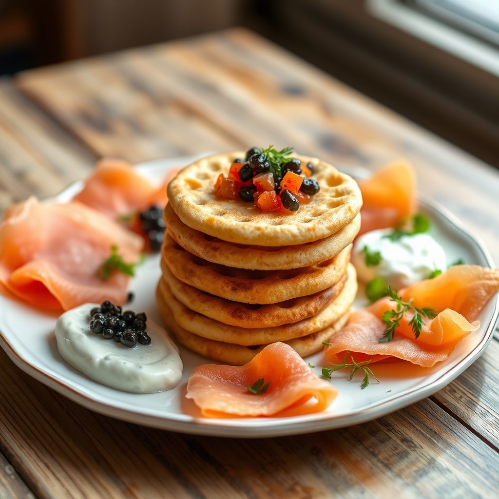 A beautifully arranged plate of blini, small and round, with a soft, golden-brown texture