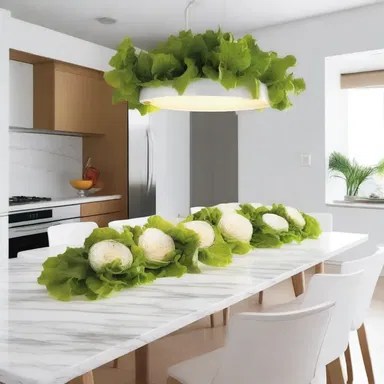 The modern kitchen design incorporated a minimalist approach with white lettuce as a centerpiece for the dining table.