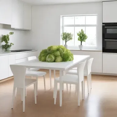 The modern kitchen design incorporated a minimalist approach with white lettuce as a centerpiece for the dining table.