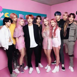 A vibrant scene featuring the K-pop groups BTS and BLACKPINK, interacting and having fun during a backstage gathering.