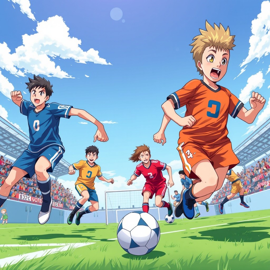 A vibrant and dynamic illustration capturing the intense energy of a football (soccer) training session inspired by 'Blue Lock'
