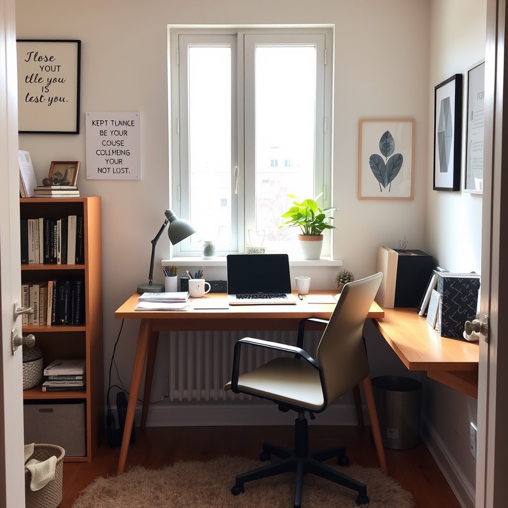A small office space with a cozy and inviting atmosphere, featuring a wooden desk cluttered with stationery and a laptop, a comfortable office chair, and a potted plant on the windowsill