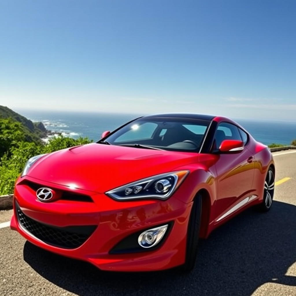 A sleek, modern Hyundai Tiburon parked on a scenic coastal road