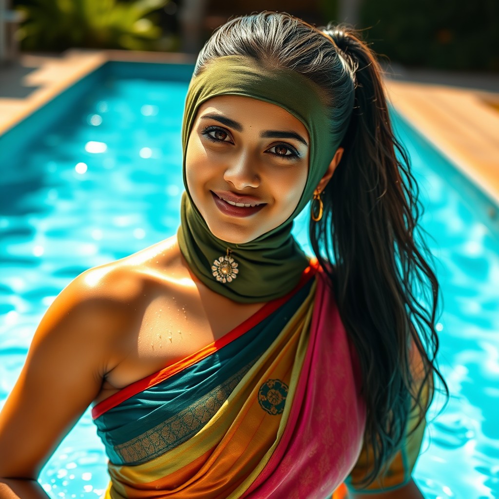 A hot Indian girl with a captivating face, wearing a colorful saree and a balaclava, styled with her hair in a sleek ponytail, standing in a swimming pool
