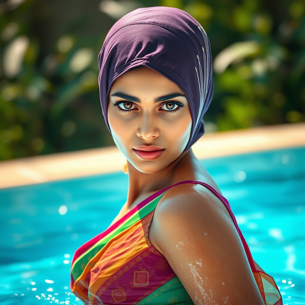 A hot Indian girl with an enchanting face, wearing a colorful saree and a balaclava that covers her head but showcases only her striking eyes
