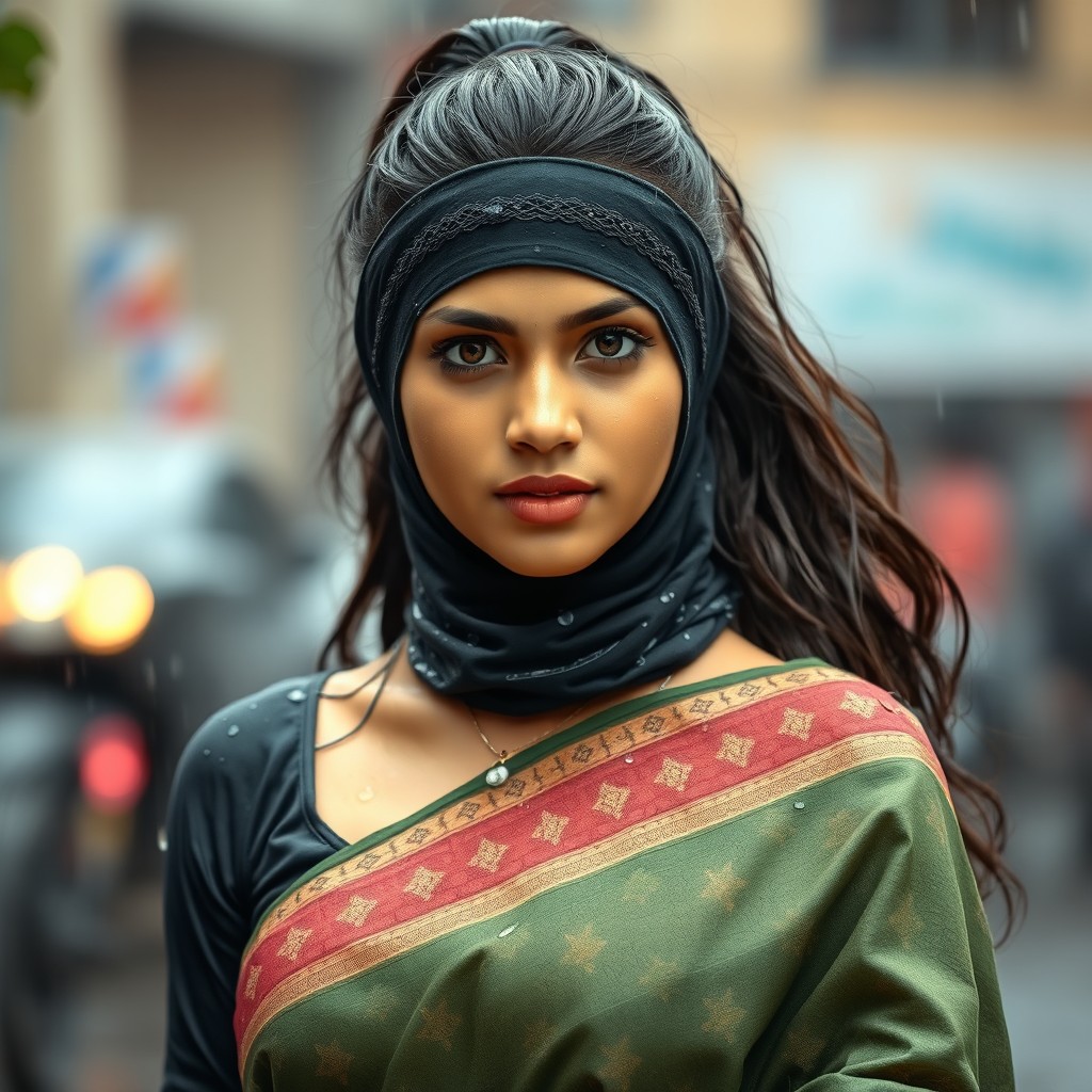 A beautiful hot Indian girl with a striking face, elegantly wearing a traditional saree
