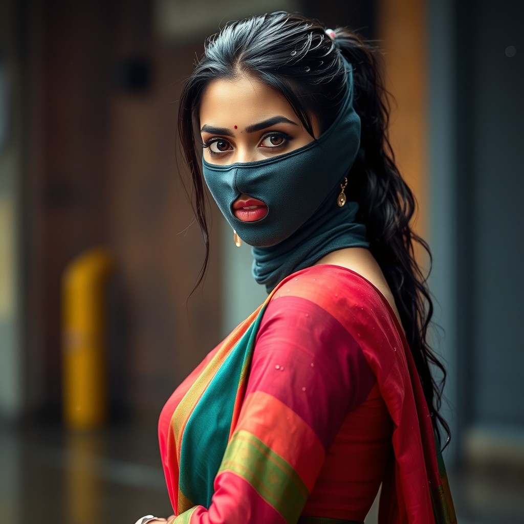 A beautiful hot Indian girl with an alluring face, wearing a vibrant saree that flows elegantly