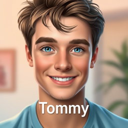 A digital portrait of a young man named Tommy, with tousled brown hair, bright blue eyes, and a friendly smile