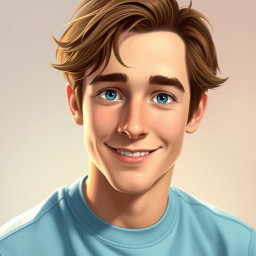A digital portrait of a young man named Tommy, with tousled brown hair, bright blue eyes, and a friendly smile