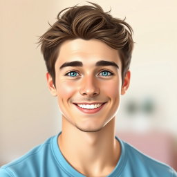 A digital portrait of a young man named Tommy, with tousled brown hair, bright blue eyes, and a friendly smile