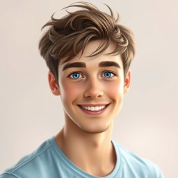 A digital portrait of a young man named Tommy, with tousled brown hair, bright blue eyes, and a friendly smile