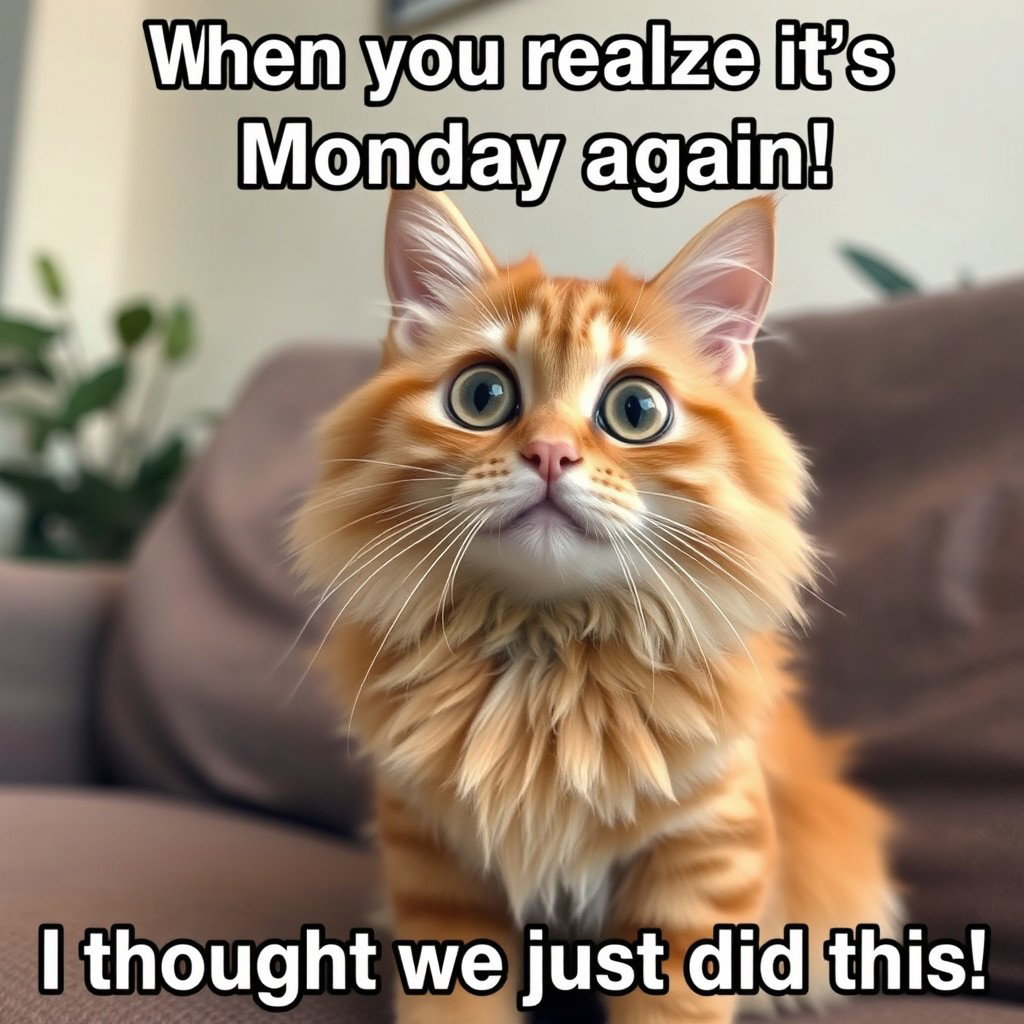 A humorous cat meme featuring a fluffy orange tabby cat with wide, surprised eyes, sitting on a couch