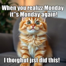 A humorous cat meme featuring a fluffy orange tabby cat with wide, surprised eyes, sitting on a couch