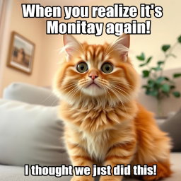 A humorous cat meme featuring a fluffy orange tabby cat with wide, surprised eyes, sitting on a couch