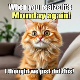 A humorous cat meme featuring a fluffy orange tabby cat with wide, surprised eyes, sitting on a couch